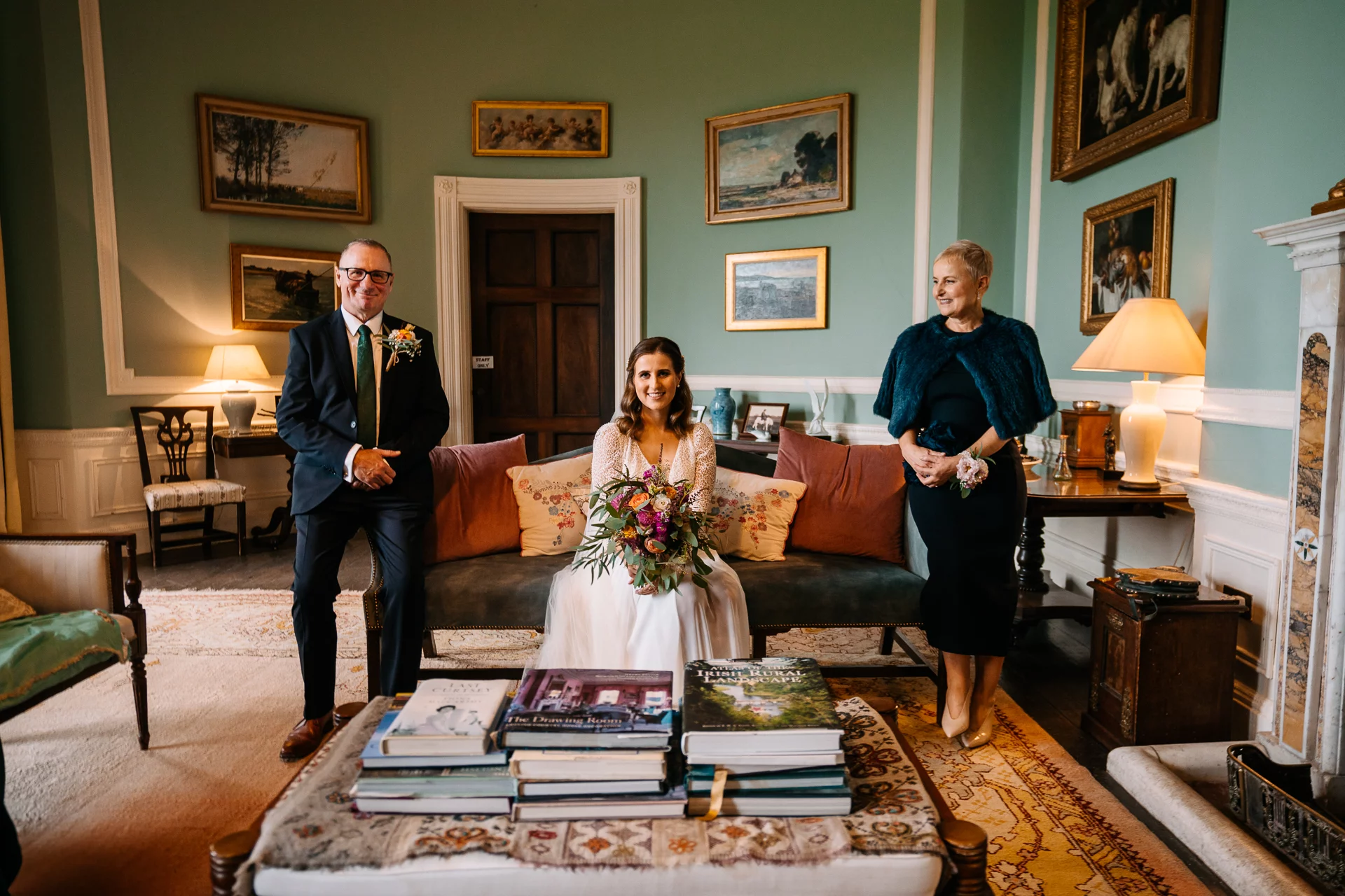 Rustic wooden tables at Borris House, County Carlow styled with autumnal wedding flowers